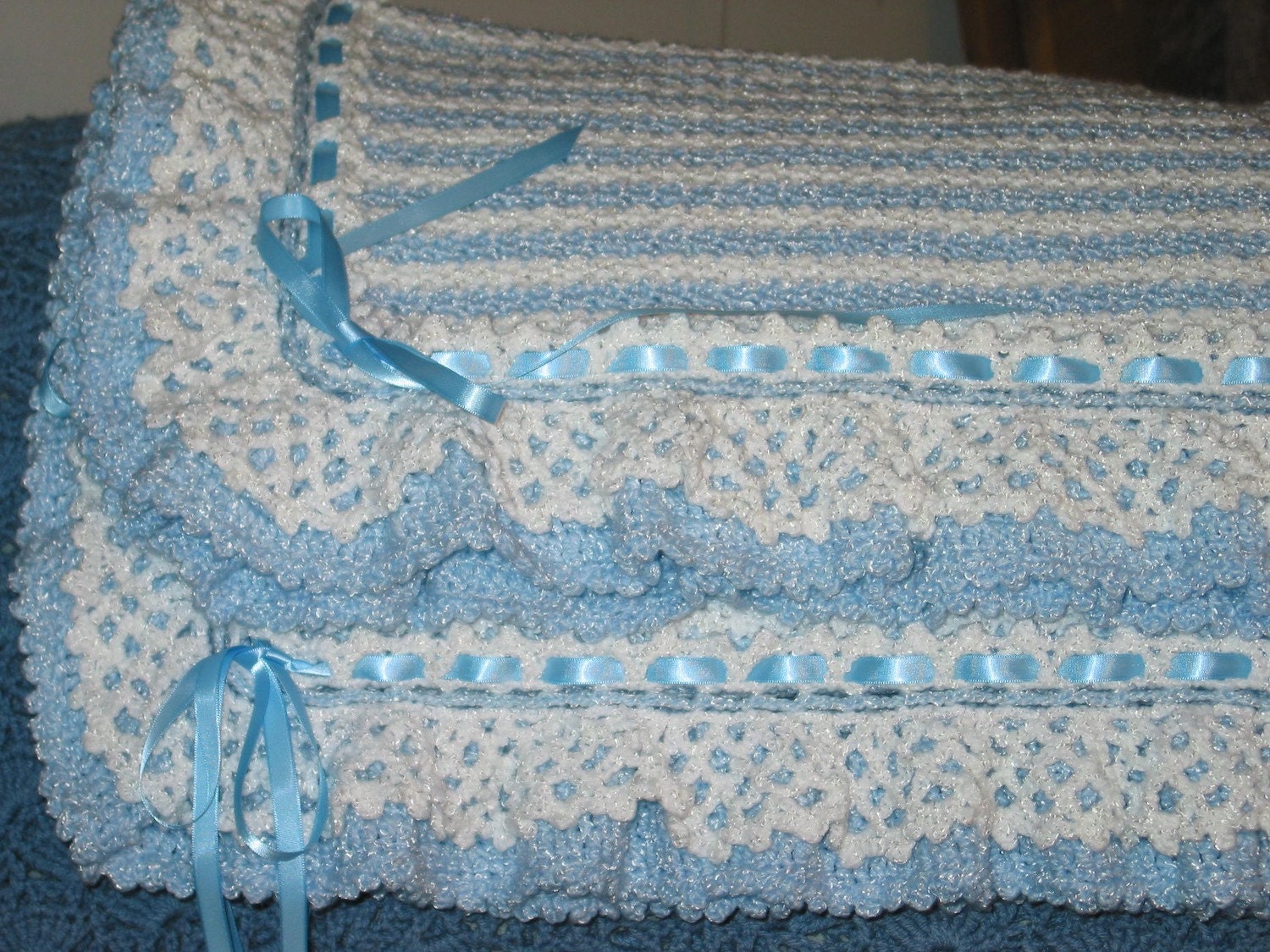 Blue Crocheted Baby Blanket Afghan Lacey Ruffles Striped