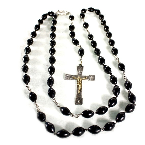 Vintage Rosary Nun Beads Thick Black Wooden Beads Pope