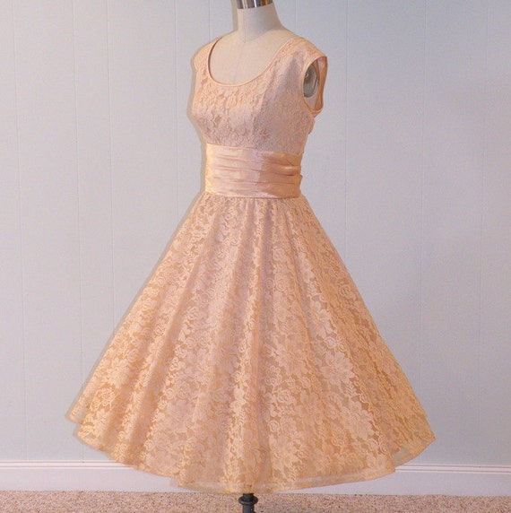 HOLD Vintage 50s Dress Peach Floral Lace Formal Garden