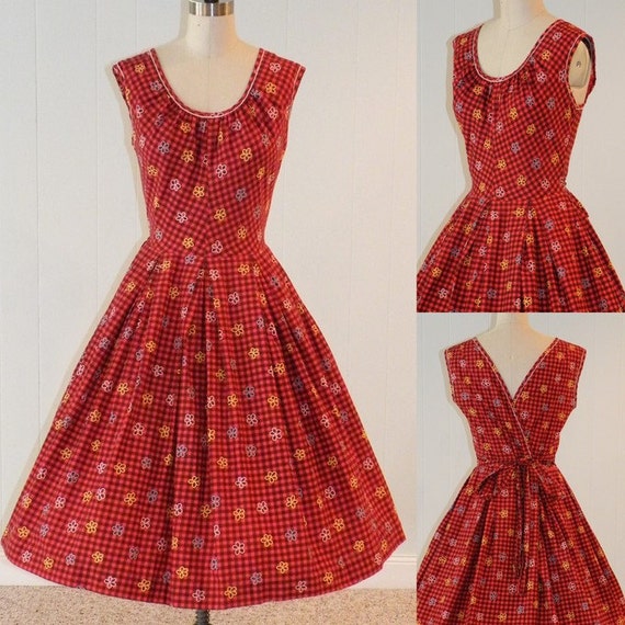 Vintage 1950s 50s Dress Red Black Check Flower Print Cotton