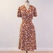 1940s Dress, Mocha Brown Pale Blue & Pink Floral Tulips Print Silk Cocktail Garden Party Dress, Draped Skirt Detail