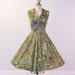 1950s 50s Dress, GiGi Young Abstract Watercolor Cocktail Wedding Party Dress, Plunging Pleated Bodice, Full Skirt, Tie Bow Accent, Bombshel