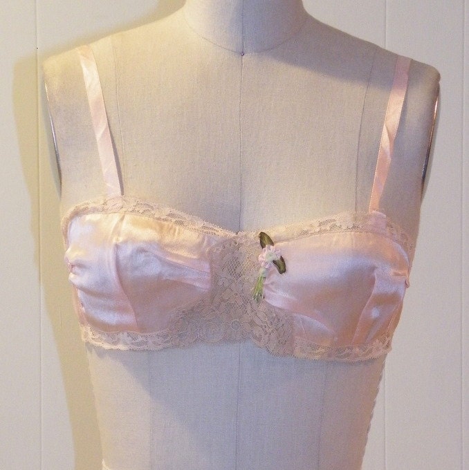 1920s 20s Bra Pink Silk Ecru Floral Lace Flapper Brassiere