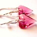 Pink Swarovski Heart Earrings, Wild Heart Indian Pink Crystal Wire Wrapped Sterling Silver, Fashion, Under 25