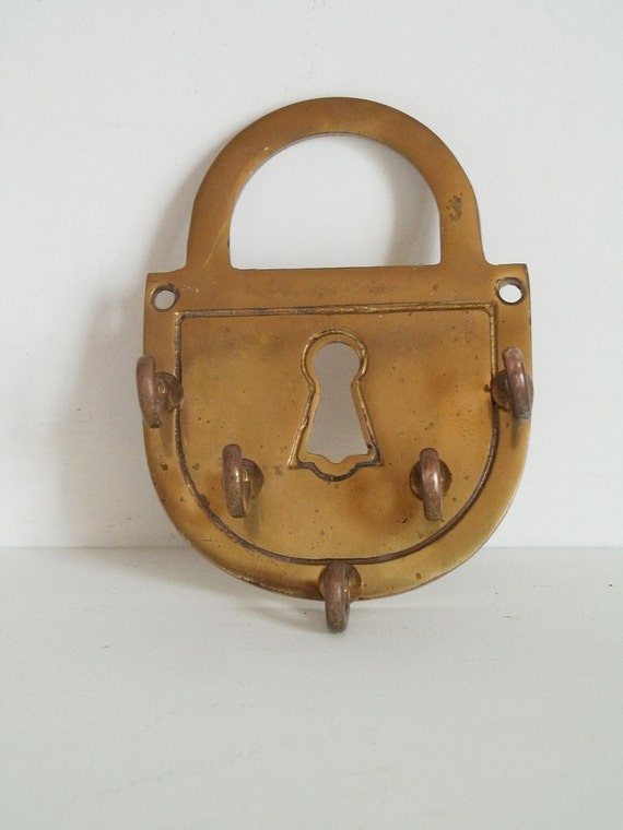 vintage padlock and key hook / 80s brass / home apartment