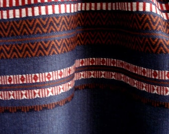 Woven Wool Blend Fabric in Navy Blue with Stripes in White, Red and Brown. Ethnic Folk Style Couture Material. Remnant. 81" x 61"