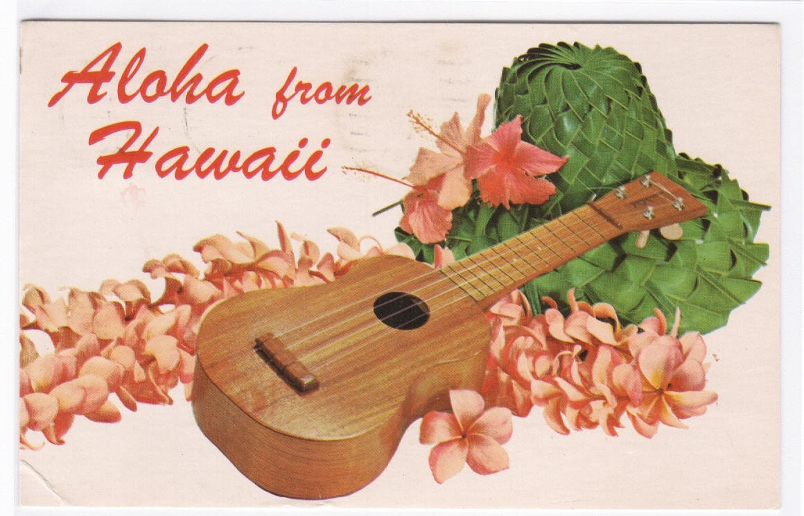 Aloha from Hawaii Ukulele Lei 1950s postcard