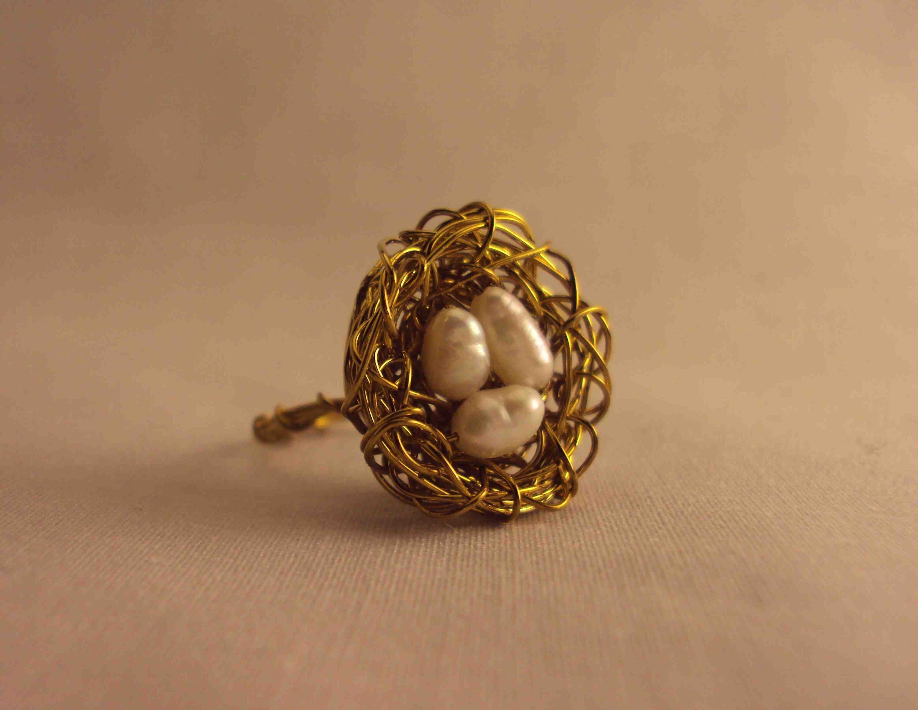 Pearl and Gold Wire Birds Nest Ring