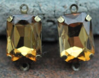 Petite Set of 2 Vintage Topaz Brown Crystal Glass 15mm x 10mm Octagon Antique Brass Mounted stones Double hole mount for Earrings or Pendant