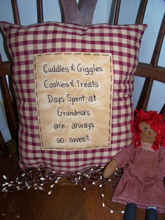 New GRANDMA PILLOW Primitive Stitchery Country Decor Grungy