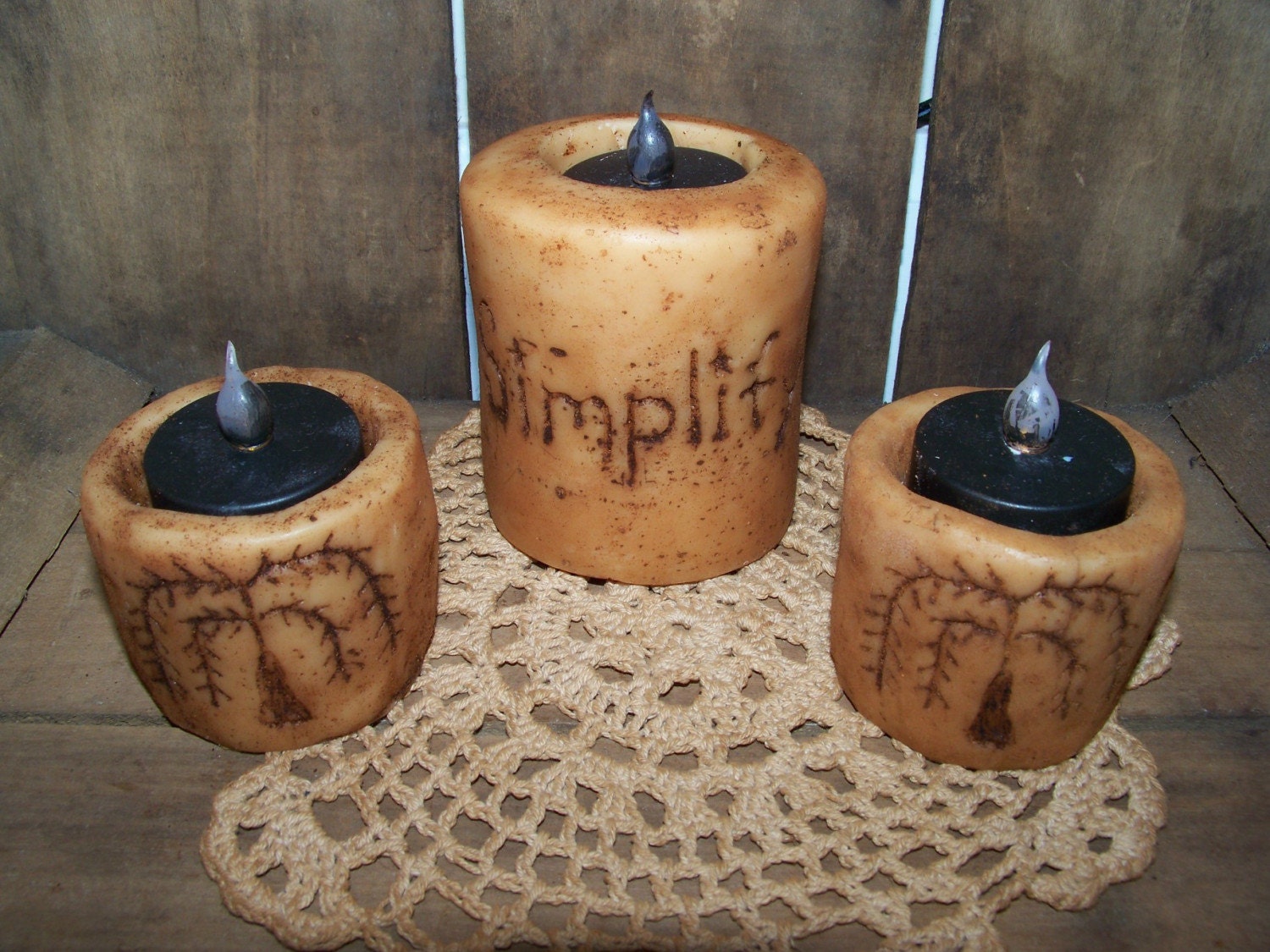 3 Primitive BATTERY OPERATED CANDLES SET Prim Decor Country