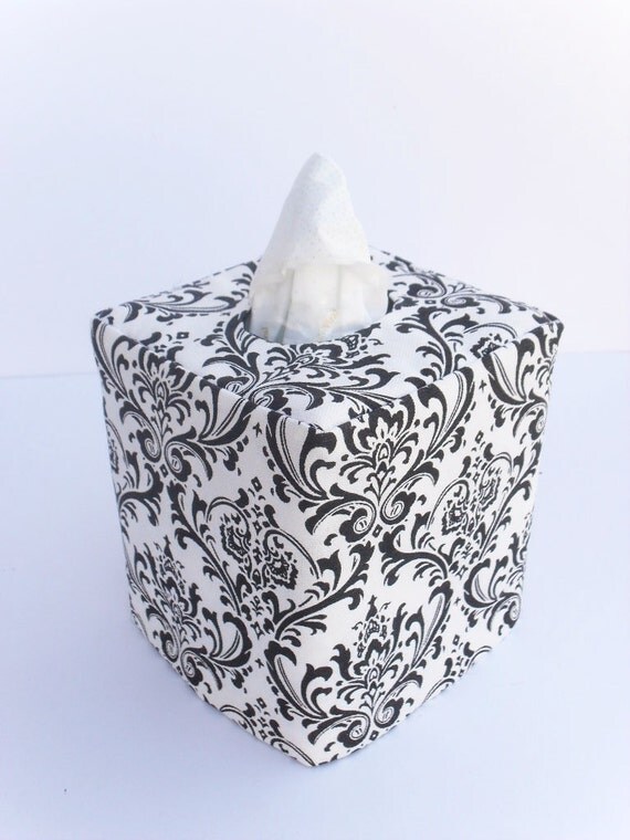 Black and white damask reversible tissue box cover