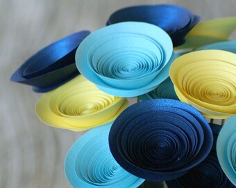 Paper Flowers in Blue and Yellow; Modern Centerpiece with Medium-Size Paper Flowers; Eco-Friendly Decor; Hostess Gift