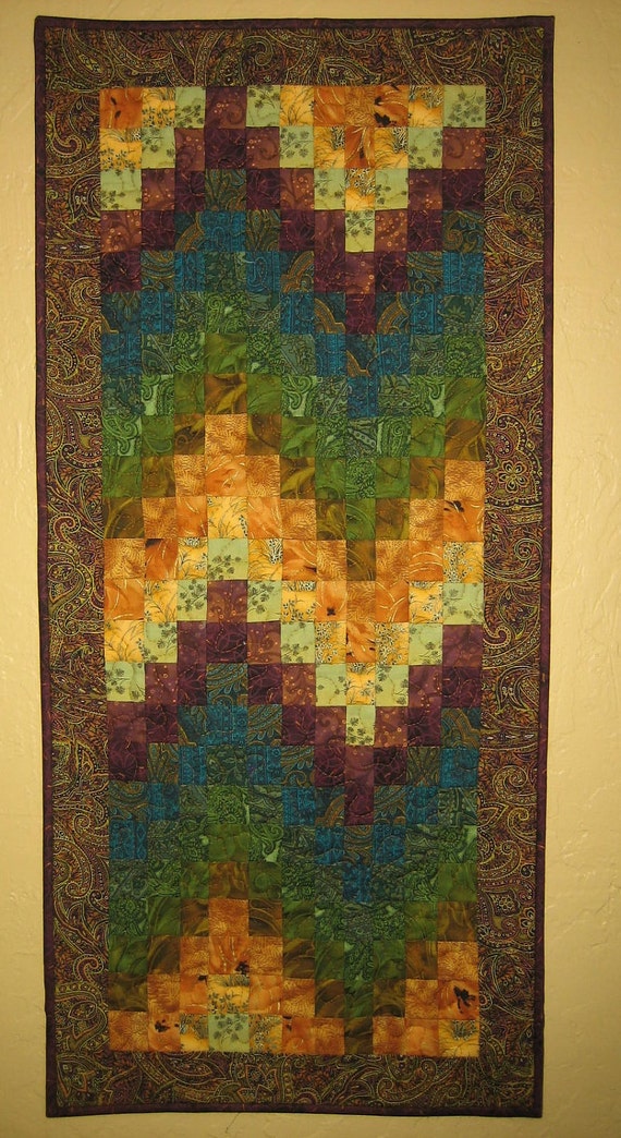 Art Quilt Teal Plum Green & Gold Paisley Wall by TahoeQuilts