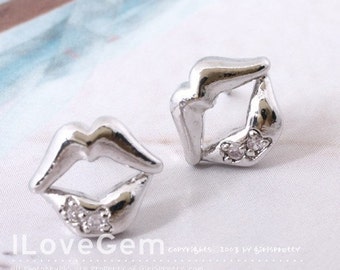 Nickel free Rhodium-plated Lip earring, 925 sterling silver post, 2pcs