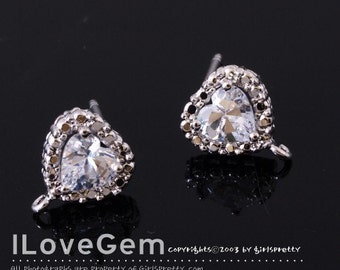 E057-1 Nickel free Rhodium-plated, Heart Cubic zirconia earring, 925 sterling silver post, 2pcs