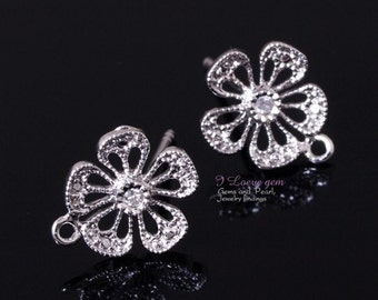 E129 Nickel free Rhodium-plated, Flower earring, 925 sterling silver post, 2pcs