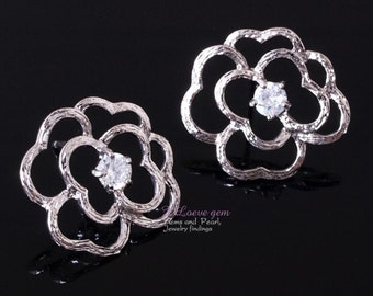 NP-518 Nickel free Rhodium-plated, RICH flower earring, 925 sterling silver post, 2pcs