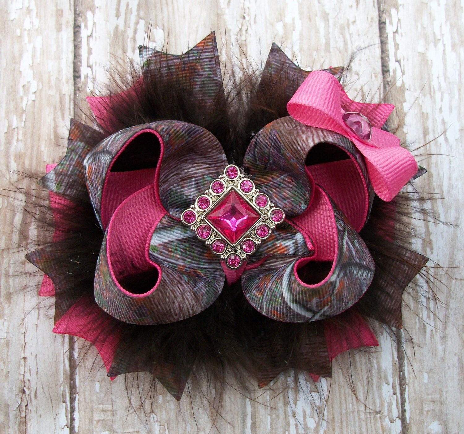 Real Camo and Hot Pink Bow Fluffy Boutique Bow with Rhinestone