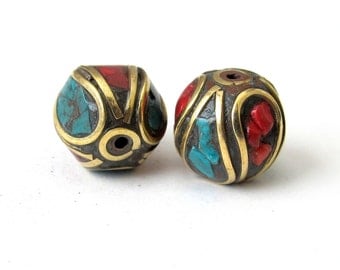 Nepalese unique shaped brass beads - 2 beads - BD075