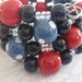 Red and Navy Blue Kazuri Bead Memory Wire Bangle with Sky Blue and White Spotted Kazuri Beads