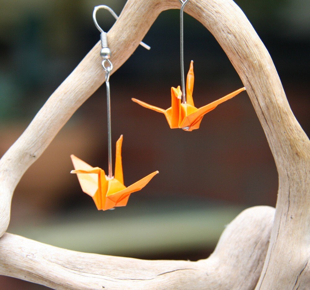 Origami Bird Earrings Bright Orange Origami Crane