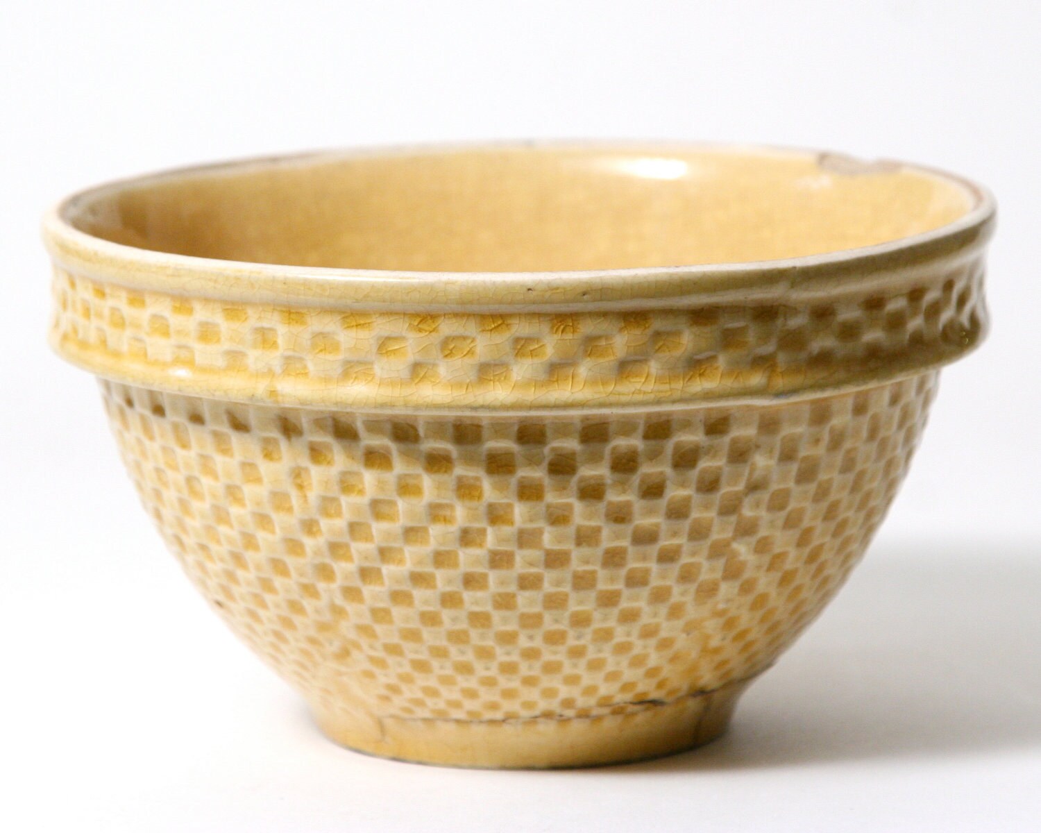 Antique Yellow Ware Bowl Checkerboard Pattern RUSTIC