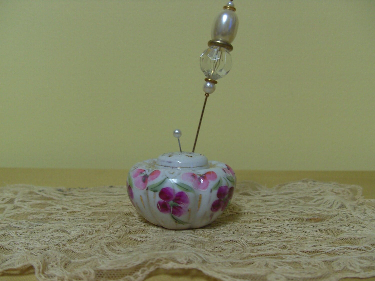 Antique Hand Painted Porcelain Hat Pin Holder