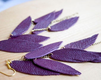 Plum Leather Feather Earrings. Layered with chains. Bohemian Jewelry.
