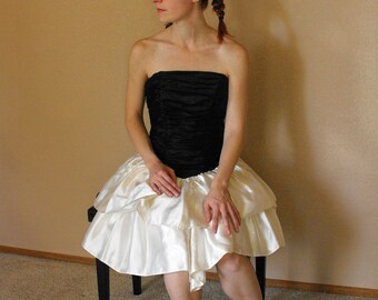 80s Prom Dress Strapless Formal Gown Black White Bows Ruched XS XXS