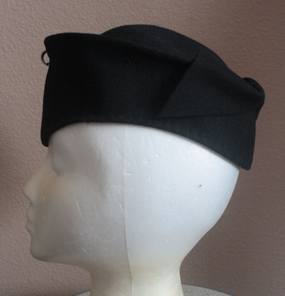 Vintage 40s Black Felt Hat Military Style Garrison Cap