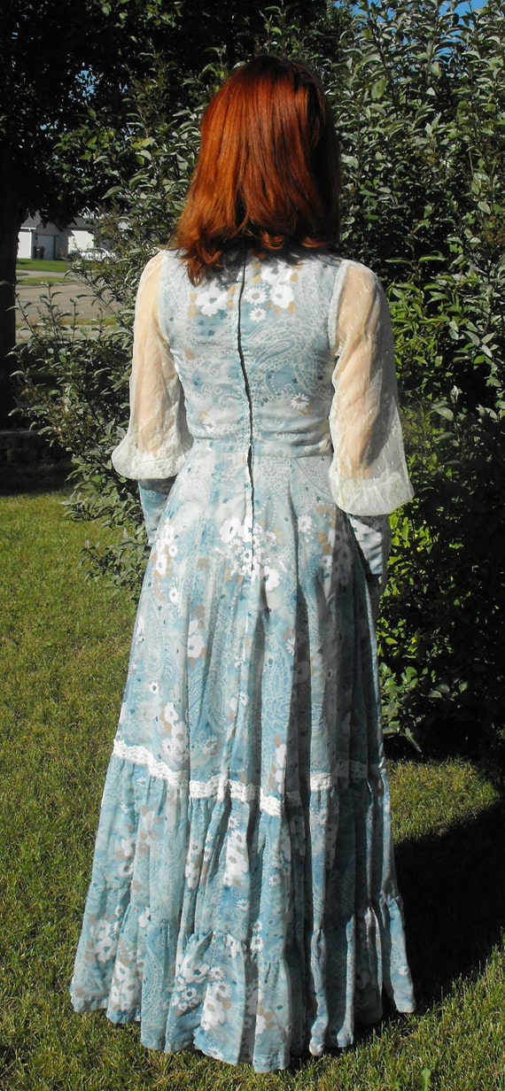 Vintage Gunne Sax Dress Blue Floral Sheer Lace Prairie Corset