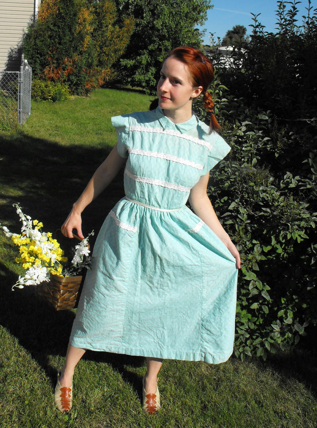 Vintage 50s Dress Button Back Aqua Blue Rockabilly Summer XS