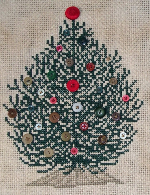 SALE Christmas Button Tree Cross Stitch Pillow by BobbinAround4U