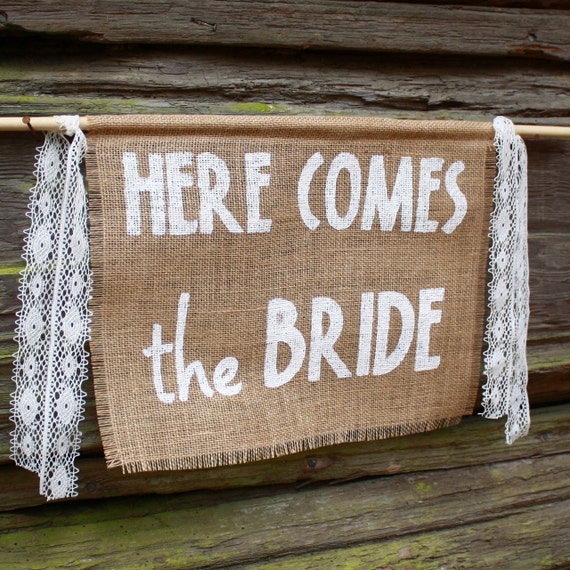 Here Comes the Bride Wedding Banner Sign Rustic Burlap