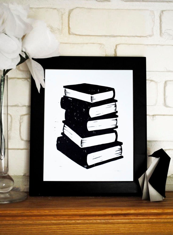 Items similar to Black Book Stack Linocut Print, Handpulled Literary