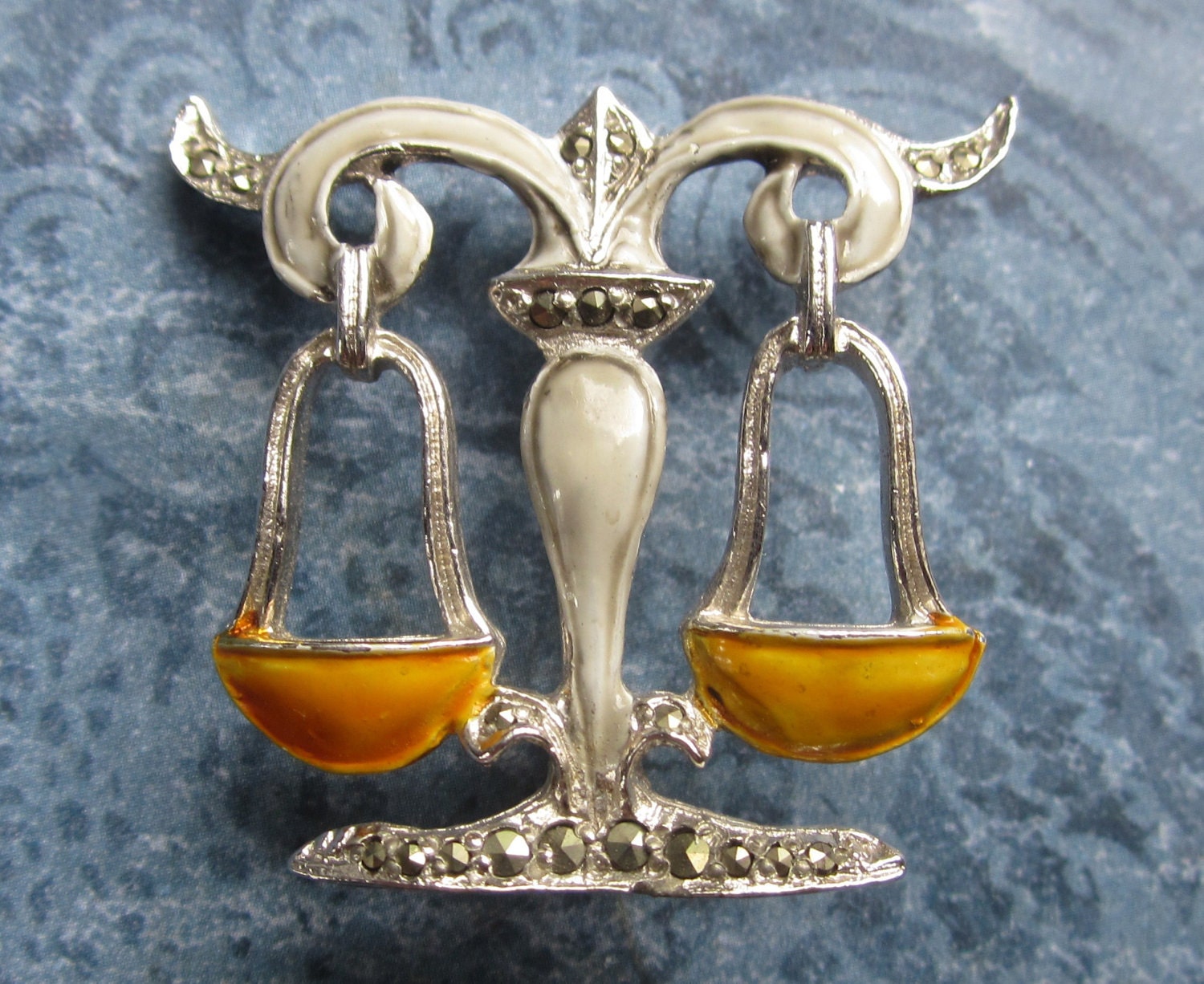 Scales of Justice Vintage Enamel and Marcasite Brooch Pin