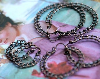 Rustic Large Embroidery Sunflower Solid Copper earrings - artisan large hoops earrings / Boho Bohemian / Gipsy / Romantic Flowered Sunflower