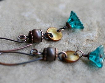 rustic czech flower . bohemian . boho simple earrings-rustic,sale,clearance,solid copper,bohemian,boho,cute,floral,mother of pearl,garden