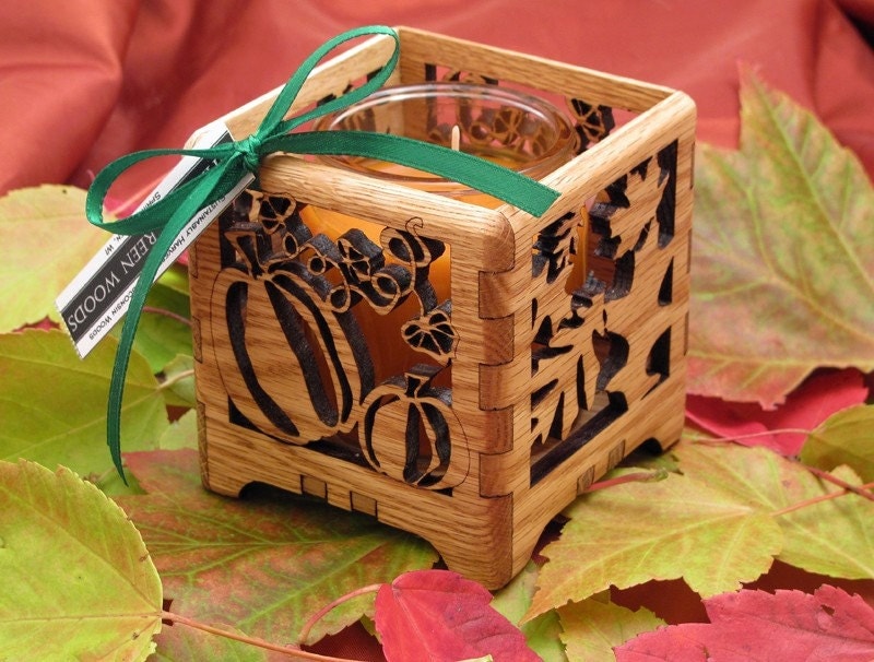 Festive Autumn Pumpkin Votive Wood Candle Holder . Red Oak