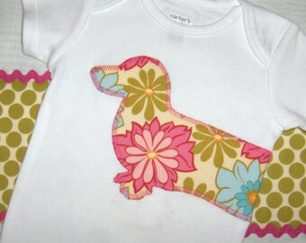 Dachshund bodysuit and burp cloth gift set in pink lei flower and lime polka dot prints