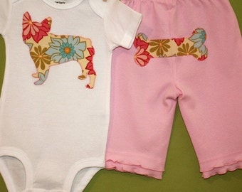 French Bulldog one-piece bodysuit and pant set in pink breeze lei floral print