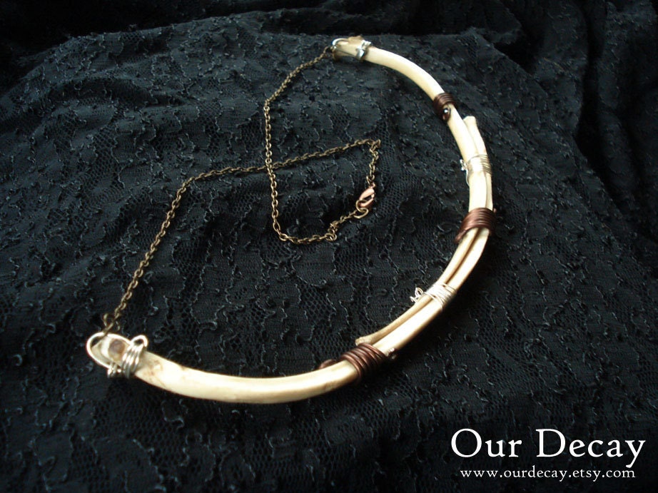Doubled two deer ribs real bone necklace with wire