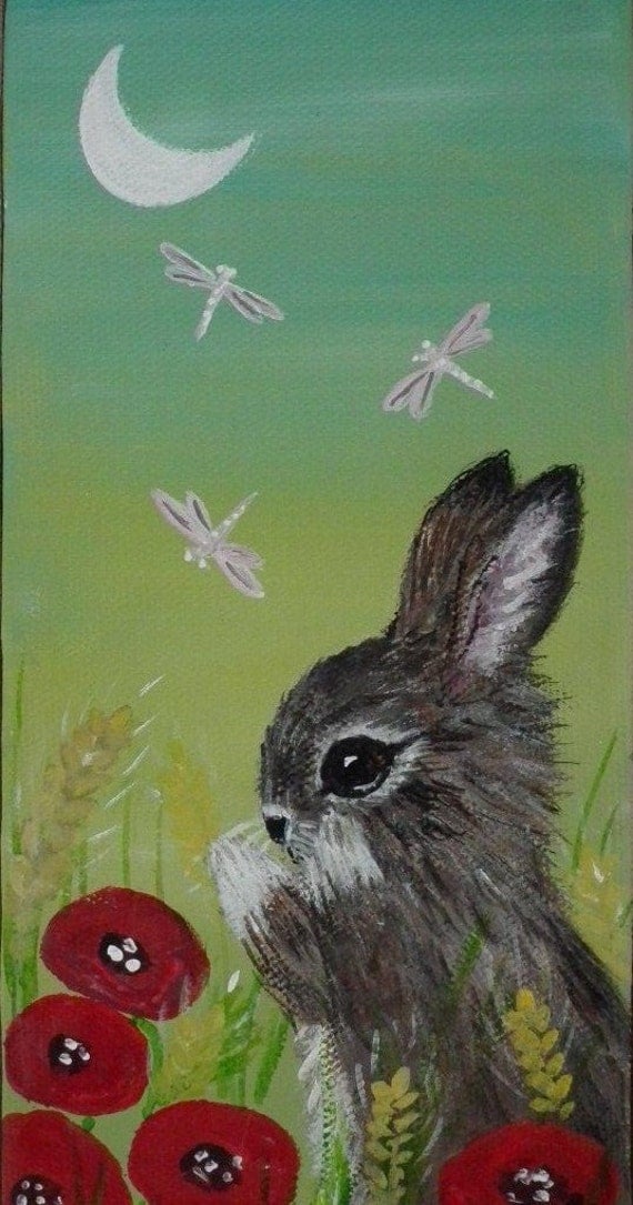 Original Acrylic Painting Naive ART Bunny RABBIT Poppy