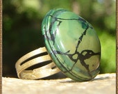 Vintage Domed Celluloid Button Ring - Earthy Greens and Marbalized Button Ring