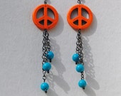 Statement Dangle Earrings - Orange and Turquoise - Retro Orange Peace Sign and Vintage Lucite Bead Dangle Earrings - Orange Howlite Statement Dangle Earrings - Orange and Turquoise - Retro Orange Peace Sign and Vintage Lucite Bead Dangle Earrings - Orange Howlite