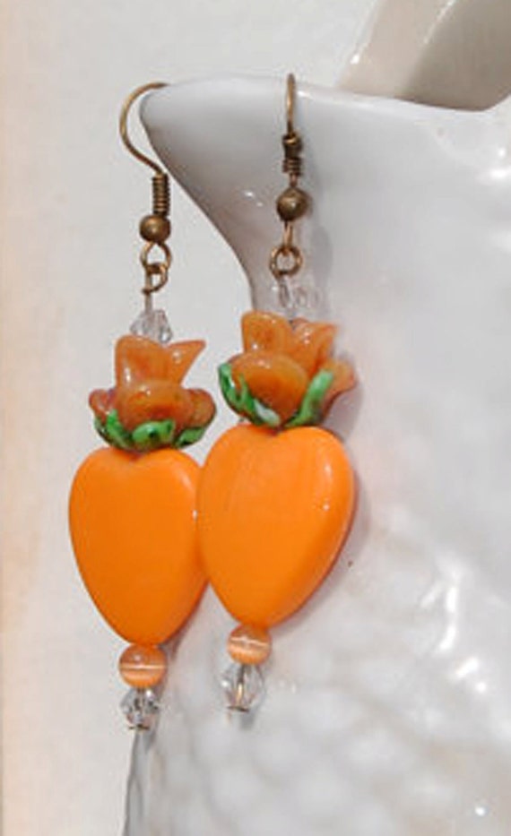 Dangle Earrings Orange Hearts and Flowers by RescuedOfferings