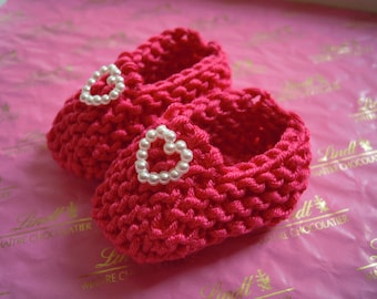 Baby shower decorations: little hand knit dark rose pink mini booties with pearlised heart - 2 inches - sample