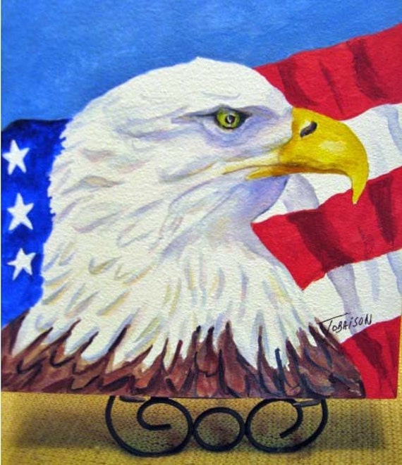 Eagle American Flag Original Acrylic 6 x 6 by watercolorsNmore