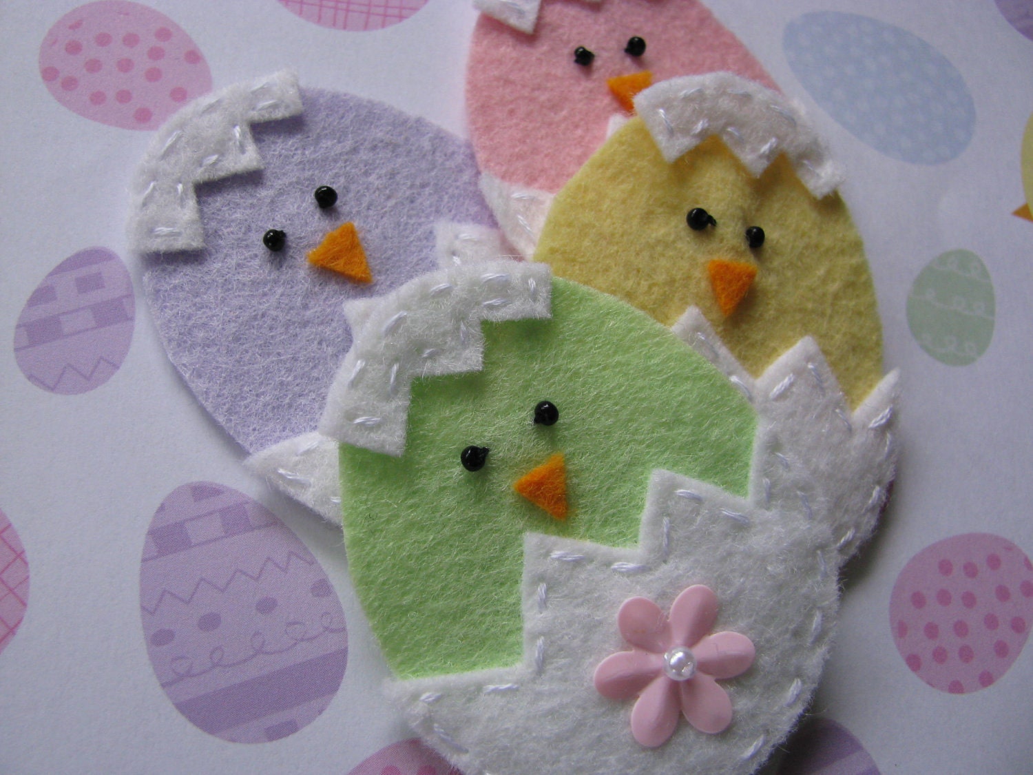 4 Handmade Felt Easter Chick And Egg Appliques